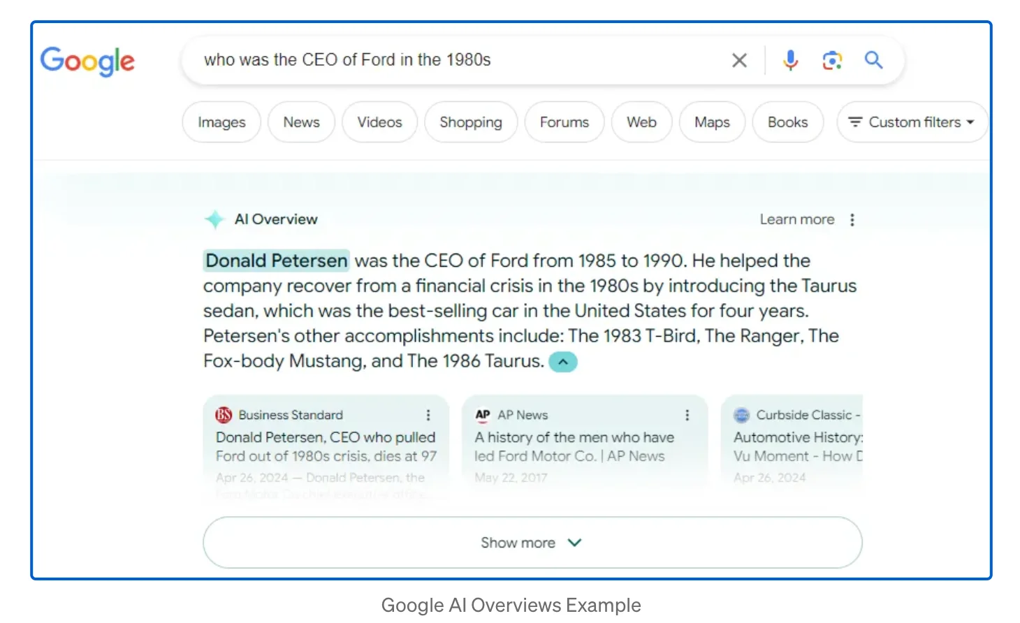 Google AI Overview result answering the query “Who was the CEO of Ford in the 1980s,” showing Donald Petersen as CEO from 1985 to 1990, with supporting article links below.