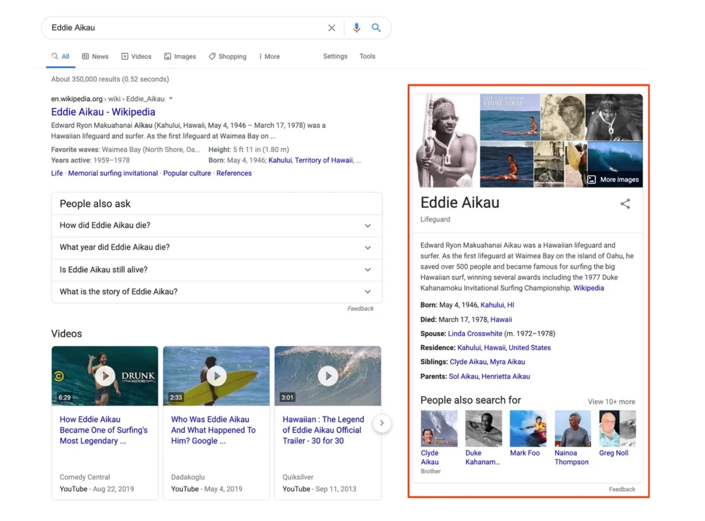 Google search results for “Eddie Aikau” showing a Wikipedia snippet, People Also Ask section, video results, and a knowledge panel with a brief biography, images, and related people.