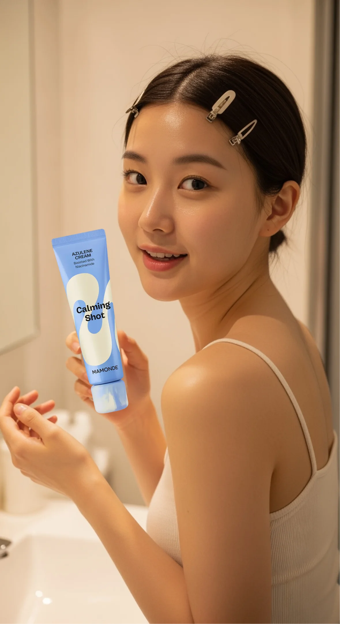 거울 앞에서 마몽드(MAMONDE)의 'Calming Shot' 크림을 들고 미소 짓는 여성 뷰티 모델