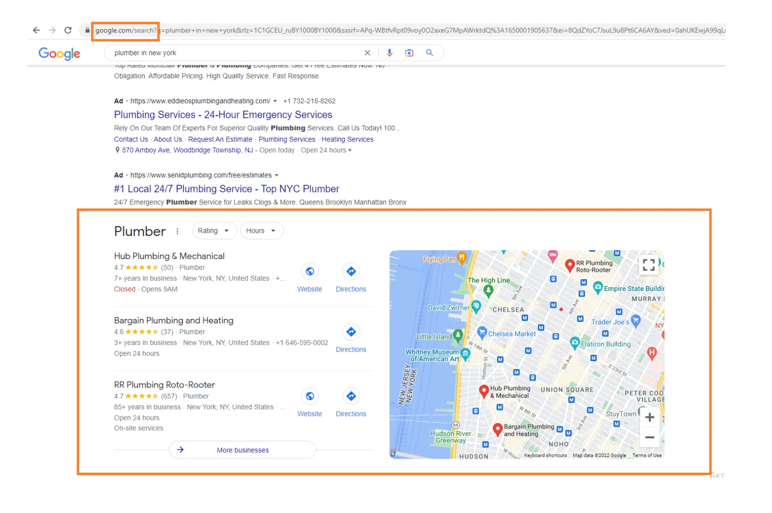 Google search results for “plumber in New York” displaying local business listings with ratings, contact info, and a map showing plumber locations in Manhattan.