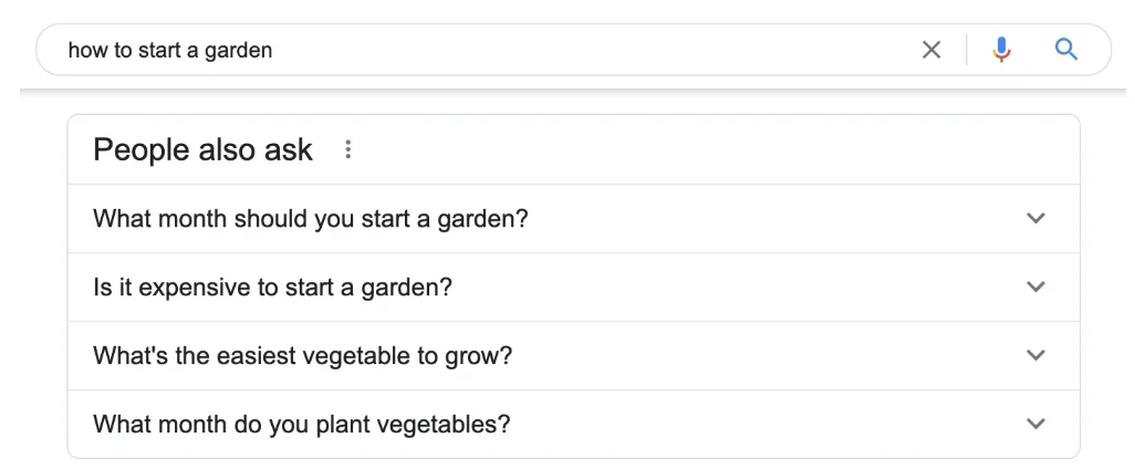 Google search results for “how to start a garden,” showing the “People also ask” box with related questions like “What month should you start a garden?” and “Is it expensive to start a garden?”