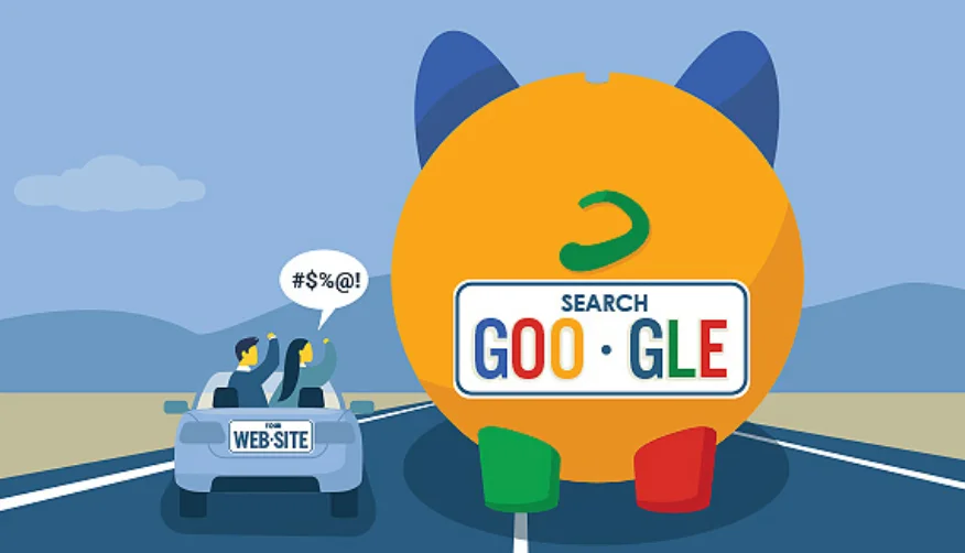 Cartoon showing a small "website" car stuck behind a large Google search icon blocking the road, symbolizing SEO frustration and dominance of Google.