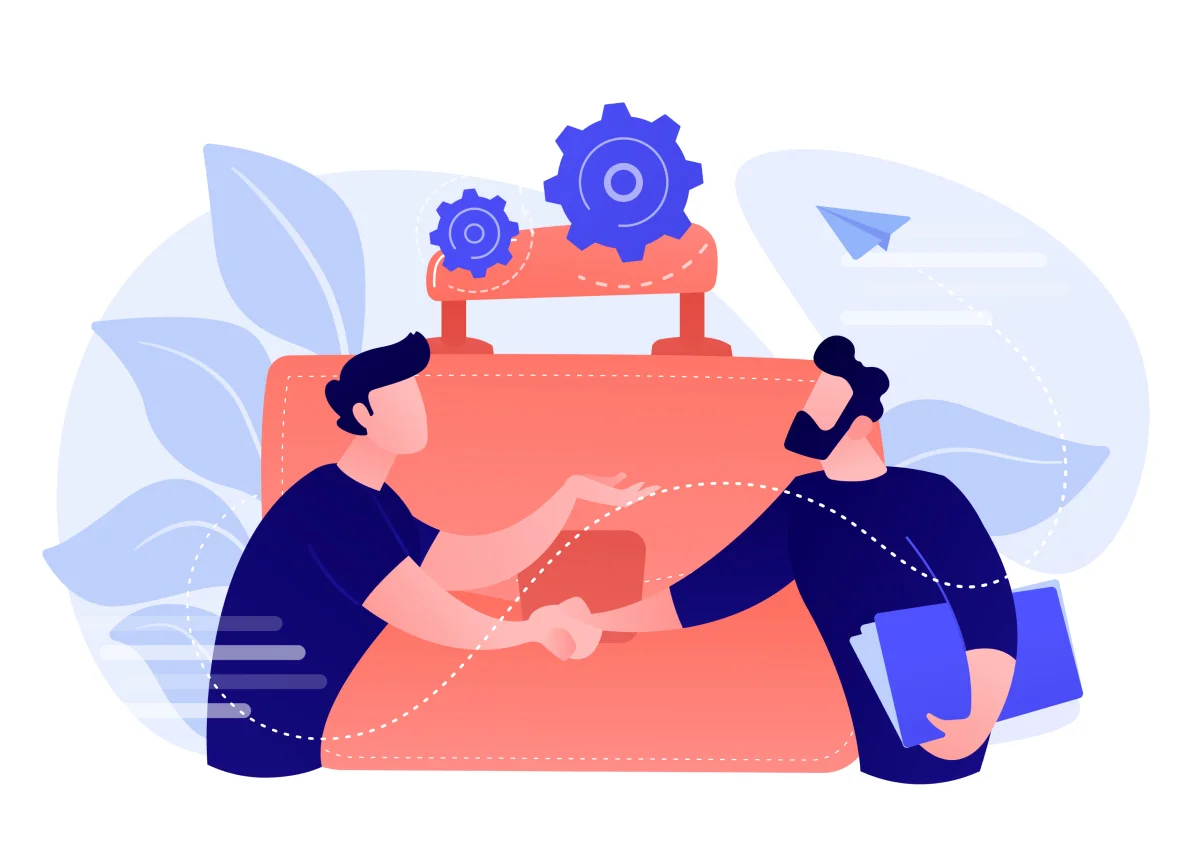 비즈니스 협업을 상징하는 두 사람이 악수하는 일러스트. 기어 아이콘과 서류, 종이비행기 등이 배경에 표현되어 효율적인 업무 및 자동화 협업을 상징함