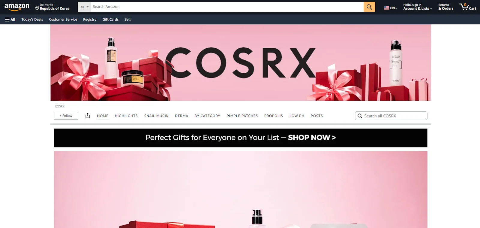 아마존에 입점한 국내 뷰티 브랜드 COSRX 홈 배너