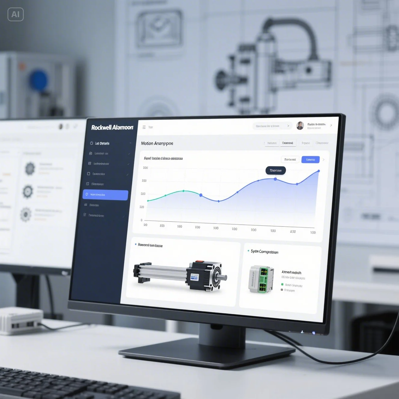 A factory automation engineer working on a dual-monitor workstation using Motion Analyzer software. One screen shows a servo motor selection panel, the other displays a 3D CAD model of a machine. Surrounding objects include engineering notebooks, PLC hardware, and servo drive brochures.