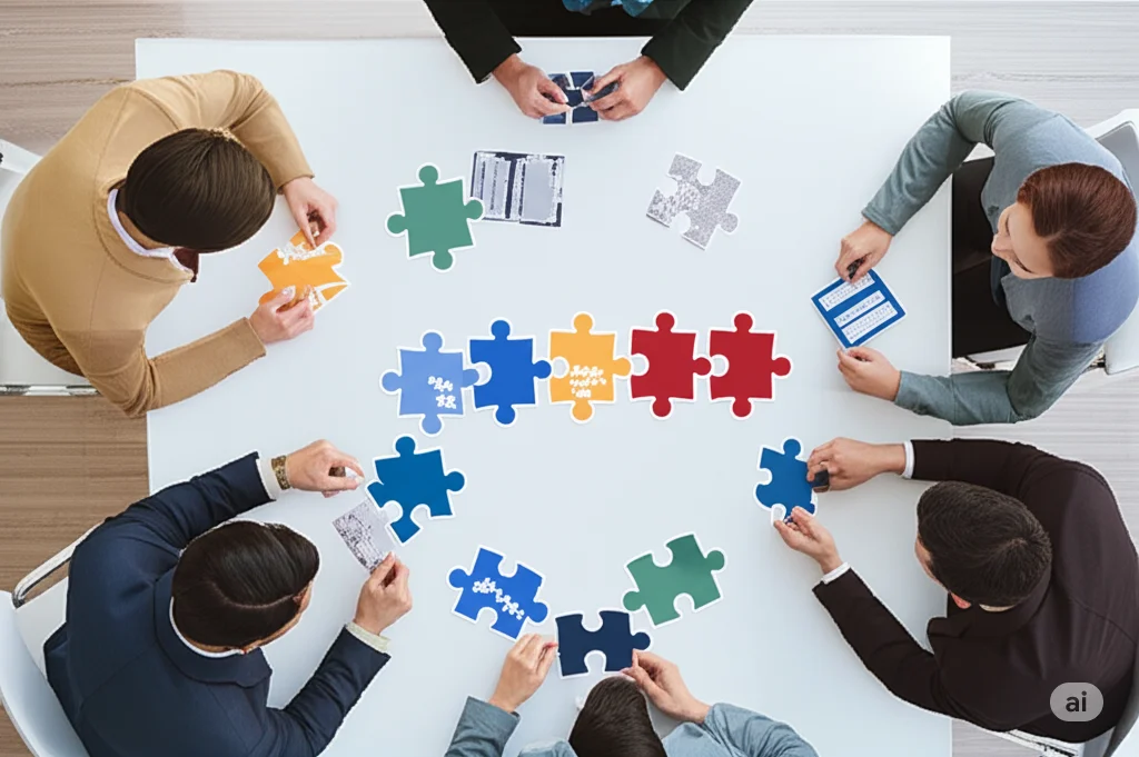 팀원 각자 부여받은 일을 열심히 해내는 장면을 퍼즐로 묘사