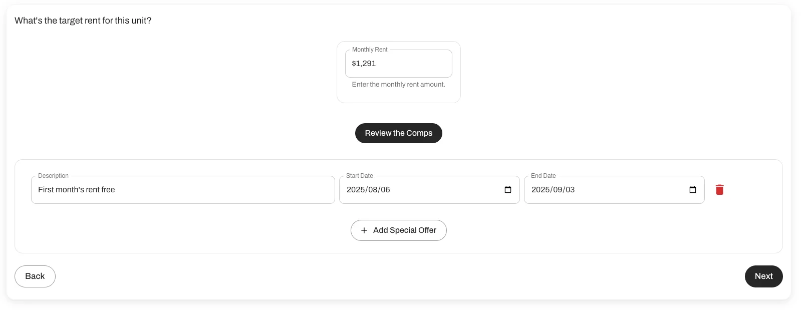 Set special offers when editing the pricing of a property. 