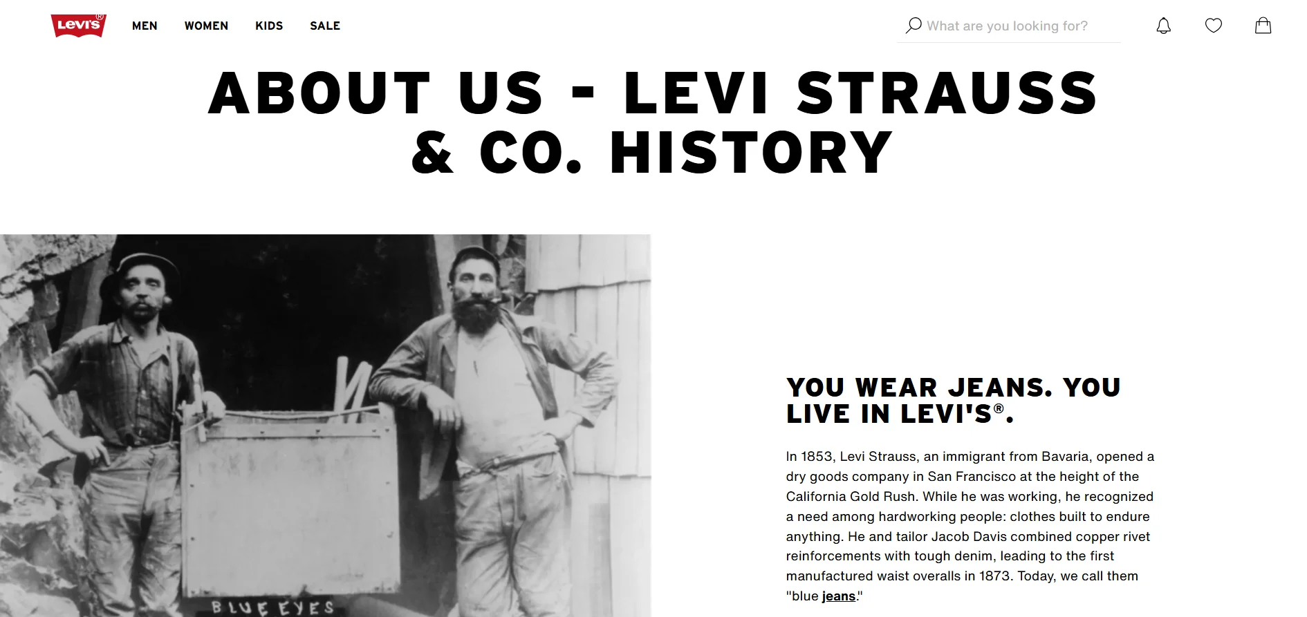 리바이스 공식 홈페이지의 About us 소개 내용