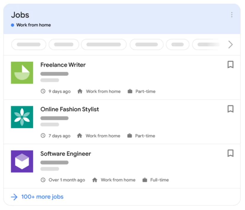 Google job listings widget showing remote work opportunities