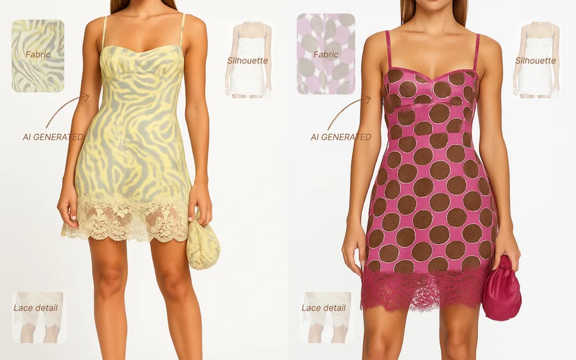 AI-generated variations combining different fabrics and details on the same silhouette.