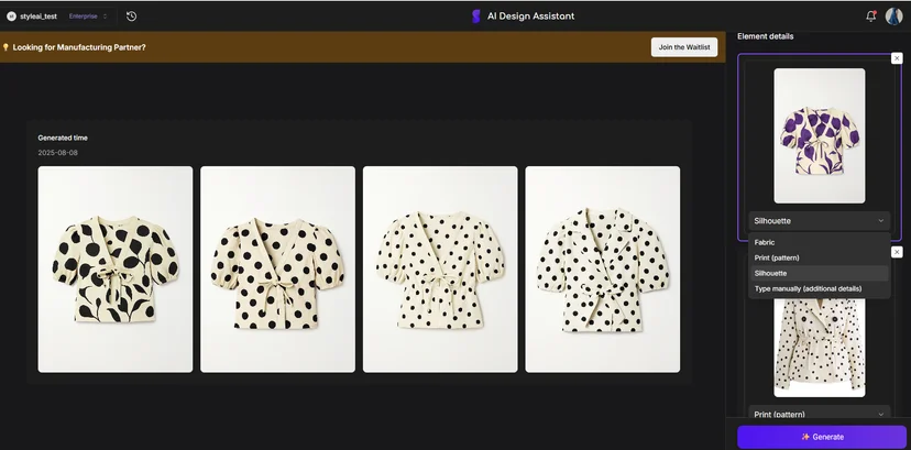 Pick which design elements — silhouette, fabric, or details — to refer