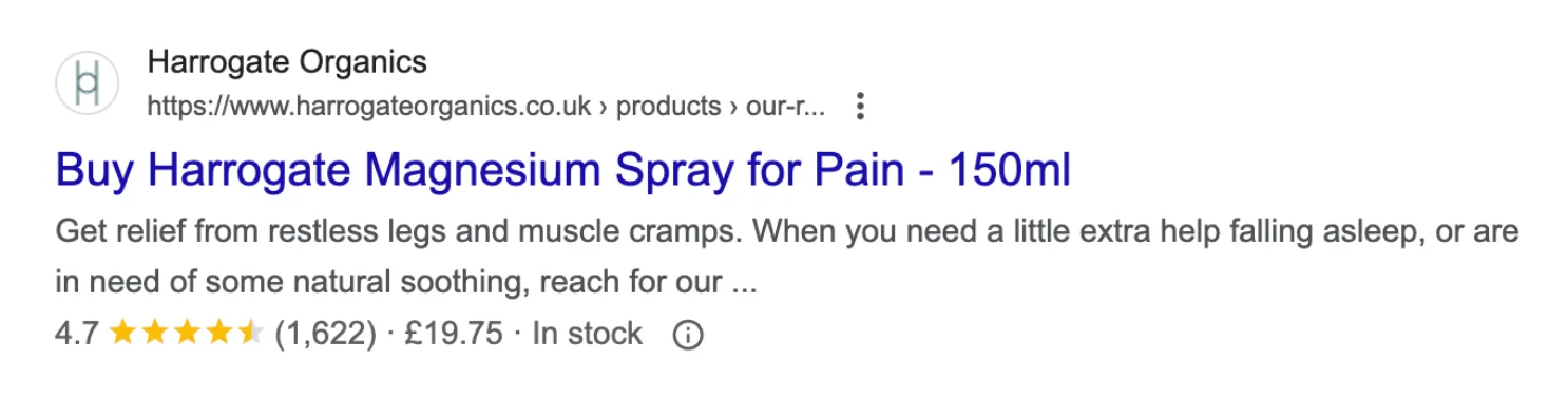 Google search result showing Harrogate Organics magnesium spray with price, reviews, and stock status
