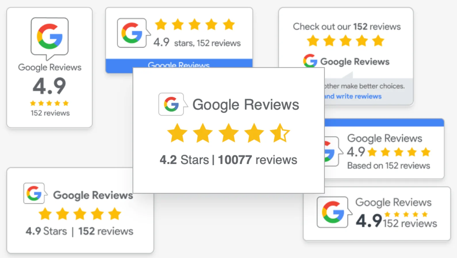 Google Reviews ratings collage showing various star scores and total review counts