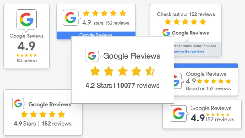 Google Reviews ratings collage showing various star scores and total review counts