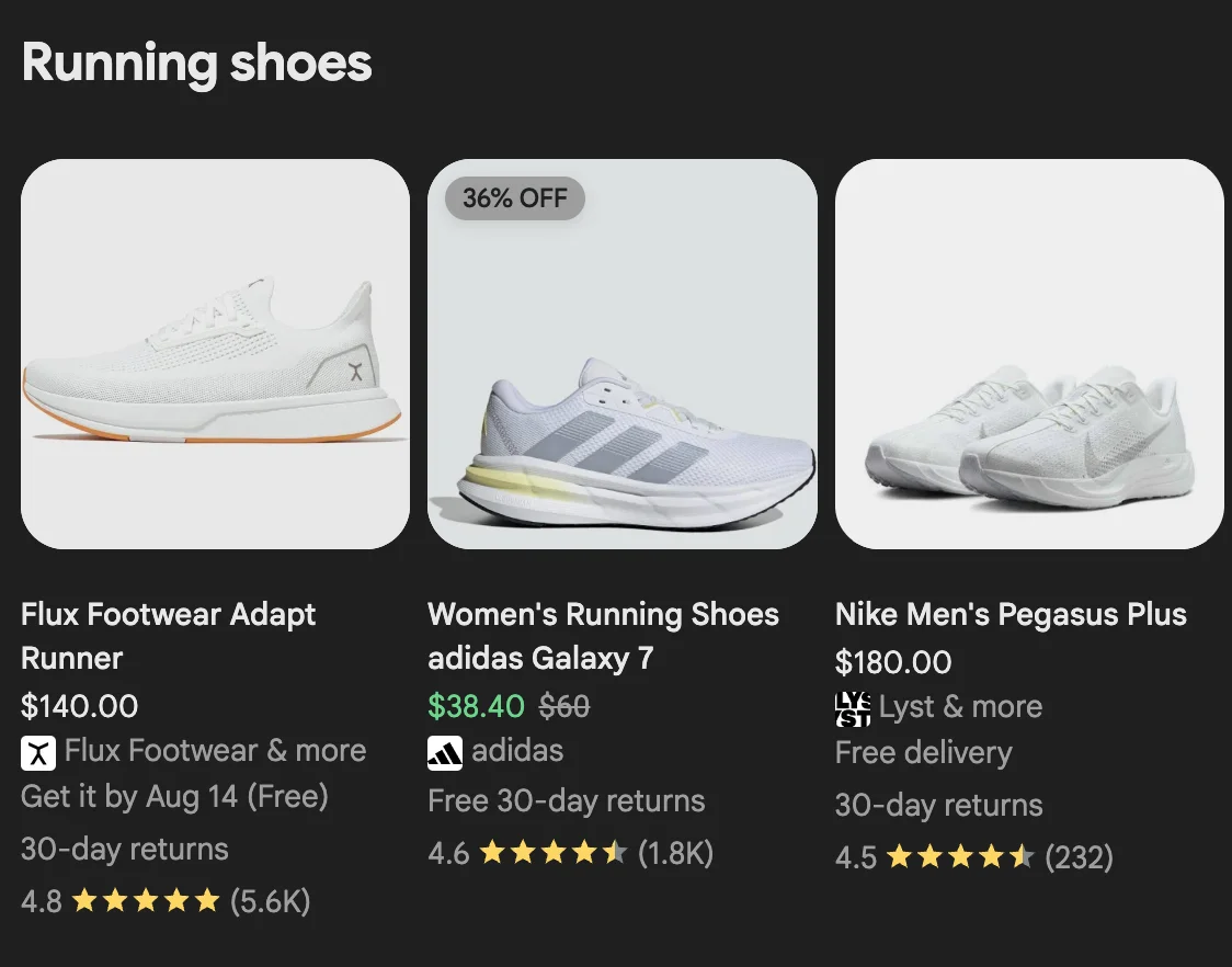 Running shoes product listing with prices, ratings, and return policy details.