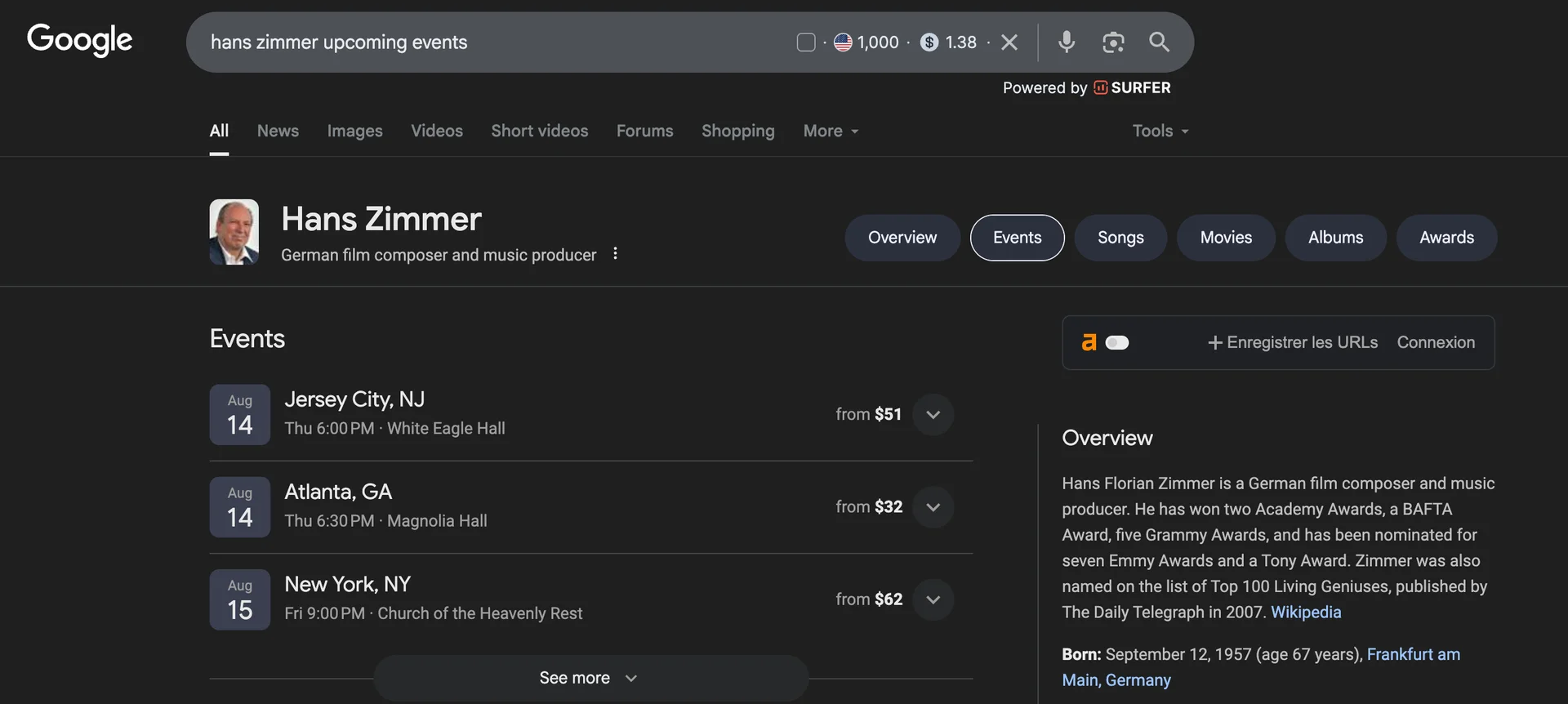 List of upcoming Hans Zimmer concerts with dates, venues, and ticket prices