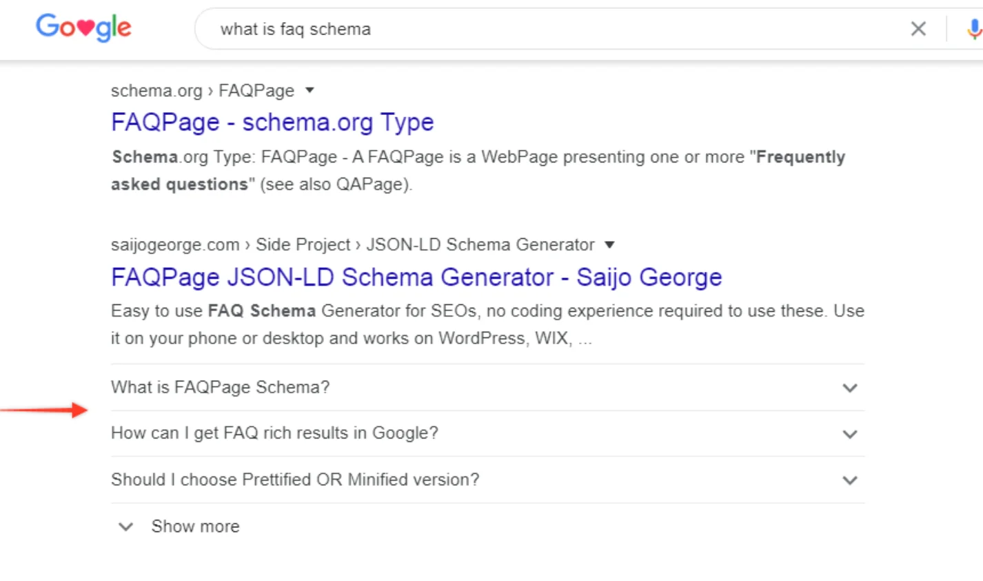 Google search result showing FAQ schema rich snippets with expandable questions