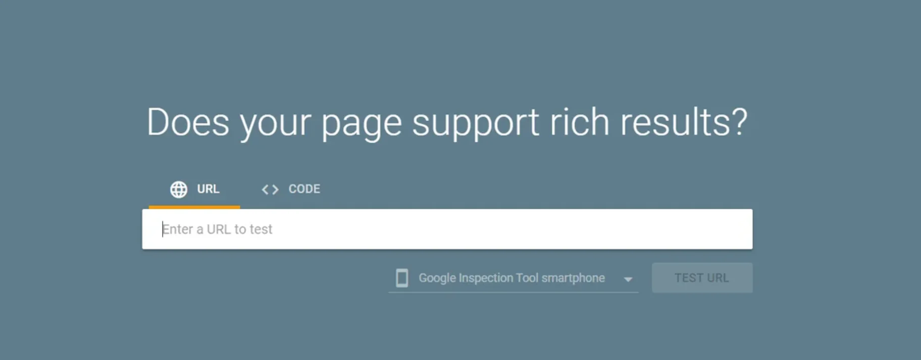 Google Rich Results Test tool interface, prompting users to enter a URL or code to check if their page supports rich search results.