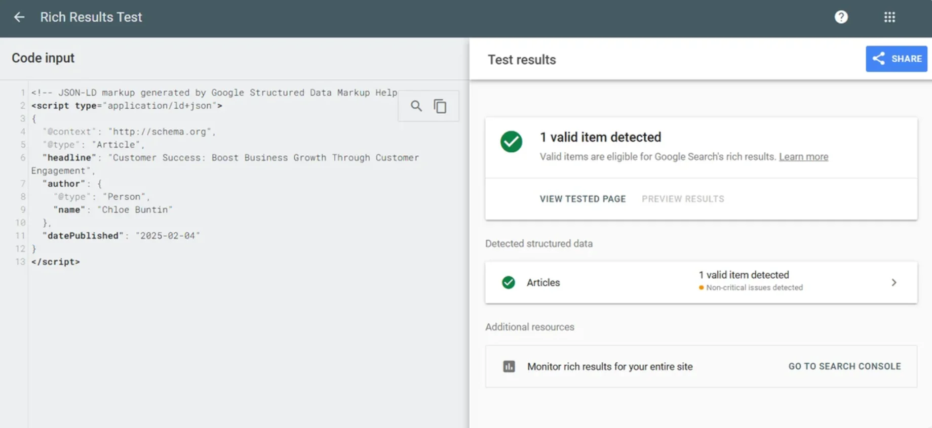 Google Rich Results Test showing valid article schema