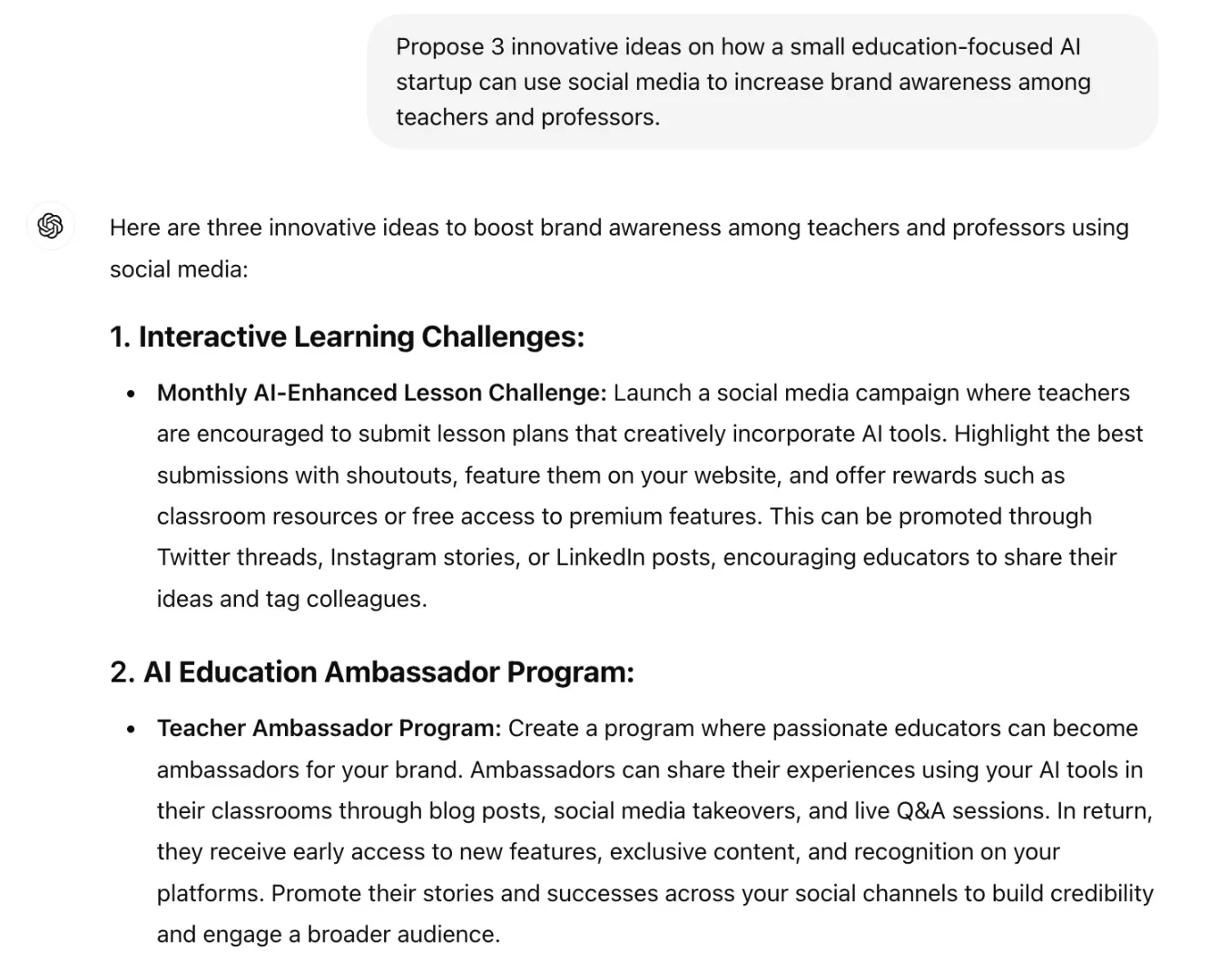 Example of AI-generated marketing ideas showing three innovative social media strategies for an education-focused AI startup to increase brand awareness among teachers and professors.