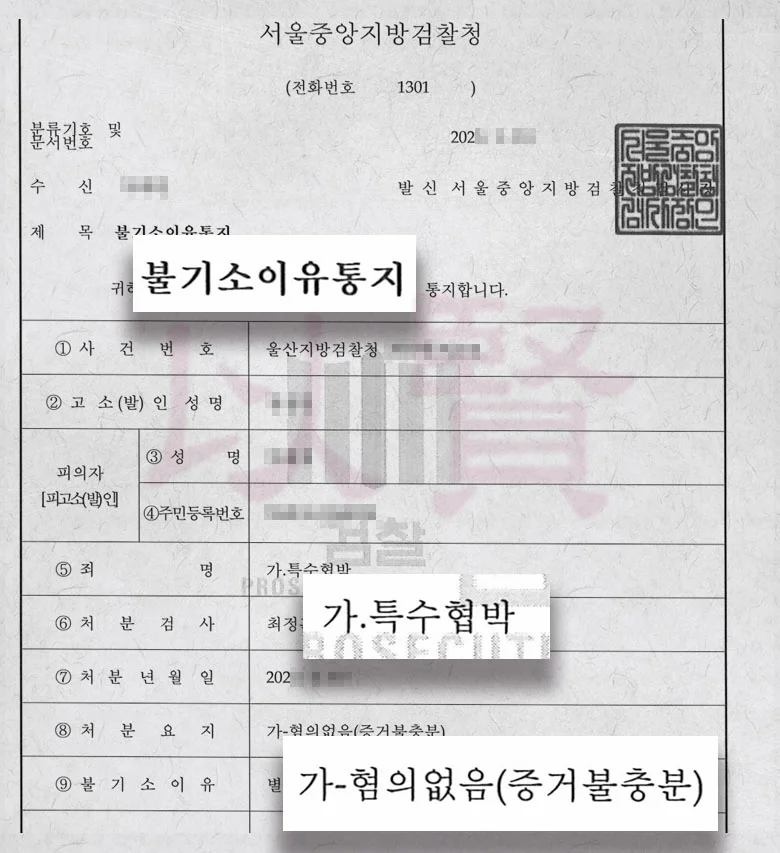 특수협박 불기소처분, 불송치 결정된 실제 사례