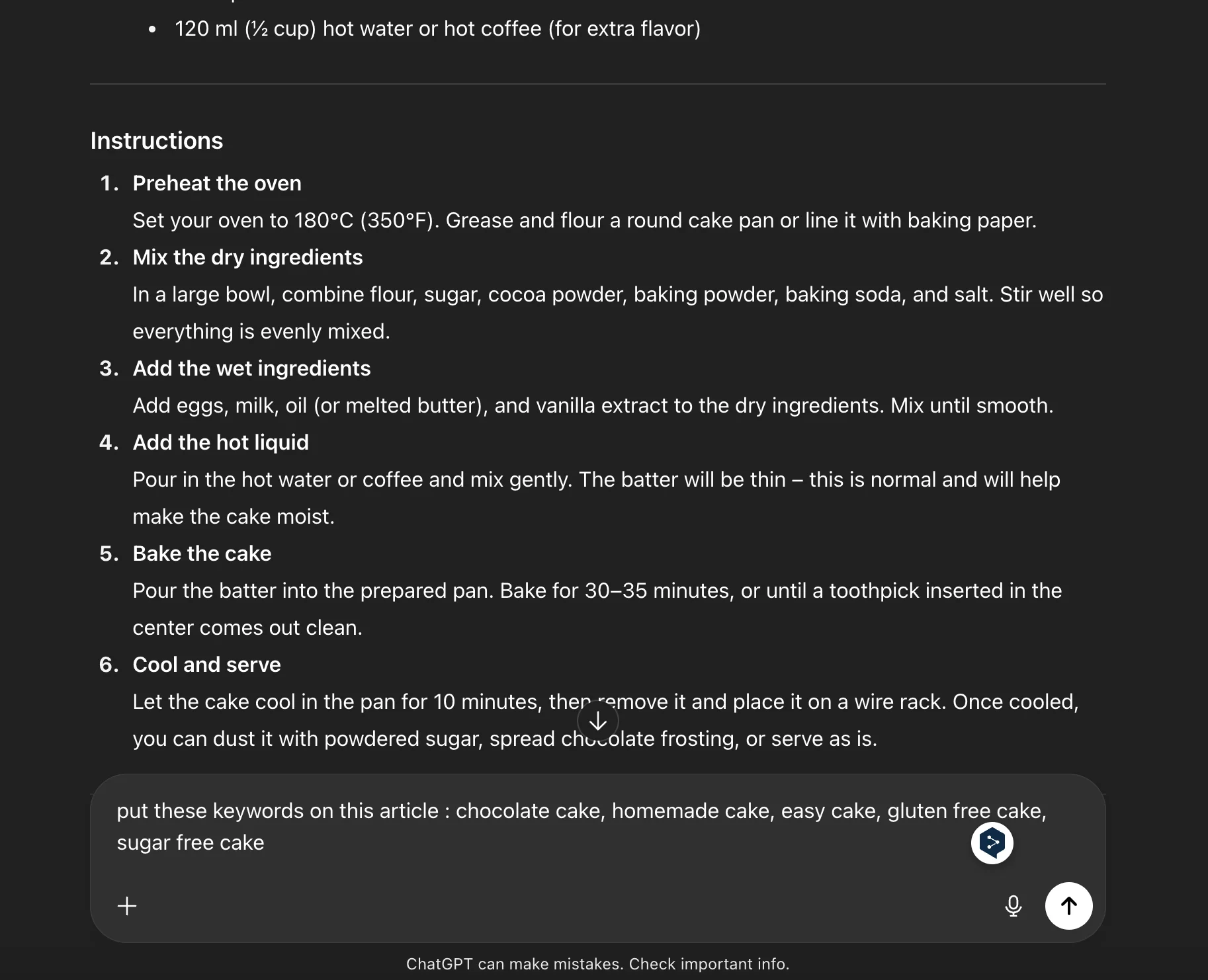 Screenshot of a ChatGPT conversation where the user requests adding SEO keywords such as chocolate cake, homemade cake, easy cake, gluten free cake, and sugar free cake to a recipe article