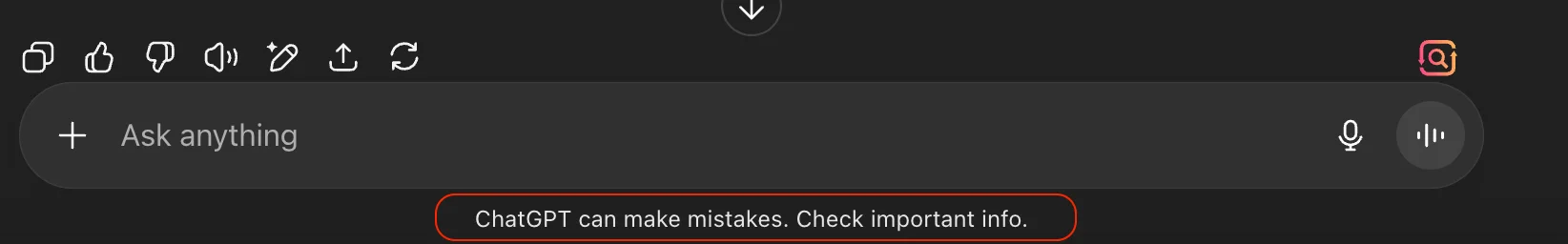 Screenshot of ChatGPT interface showing the input bar with a warning message stating 'ChatGPT can make mistakes. Check important info.