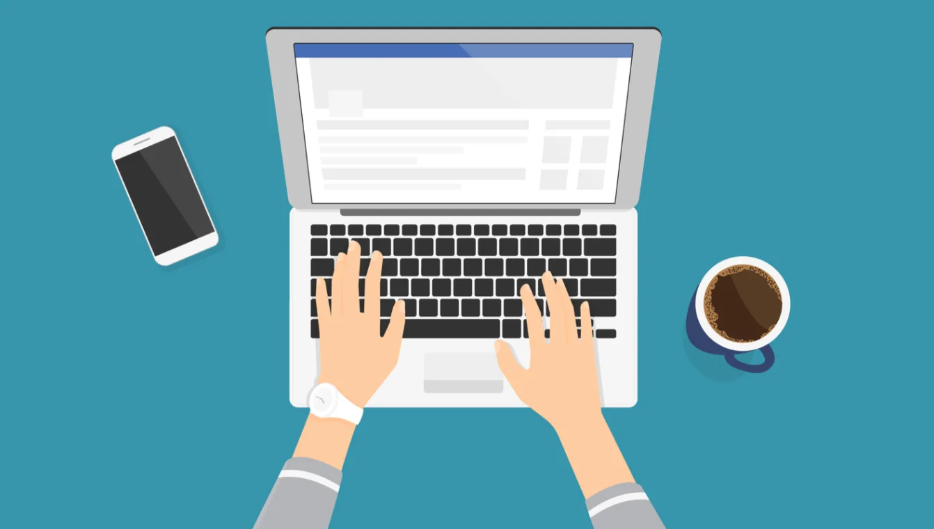 Illustration of a person typing on a laptop with a smartphone on the left and a cup of coffee on the right, representing content writing or blogging workspace
