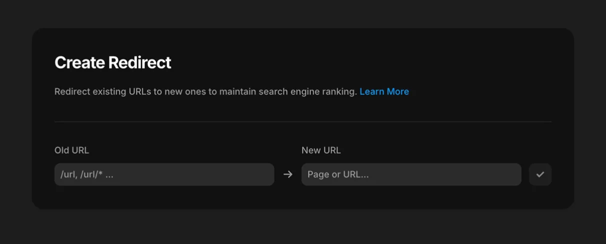 Framer interface showing the 'Create Redirect' feature, allowing users to redirect old URLs to new ones to maintain search engine rankings