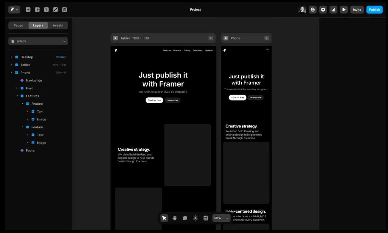 Framer website builder interface showing responsive design layouts for tablet and mobile, with layers panel highlighting navigation, hero, features, and footer sections