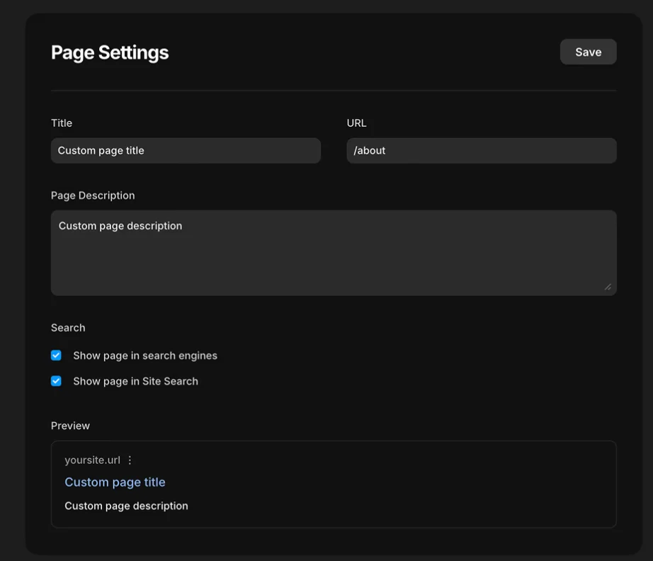 Screenshot of a website page (framer) settings panel showing fields for custom page title, URL, page description, search visibility options, and a preview of how the page appears in search results