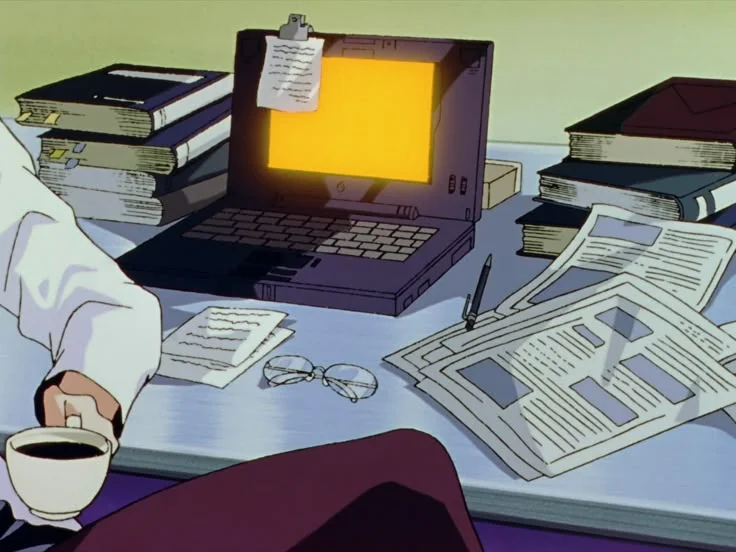 Animated workspace scene with a laptop