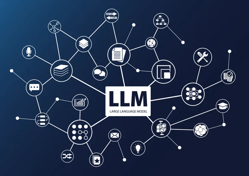 Diagram illustrating a Large Language Model (LLM) with interconnected AI concepts, data flow, and machine learning elements.