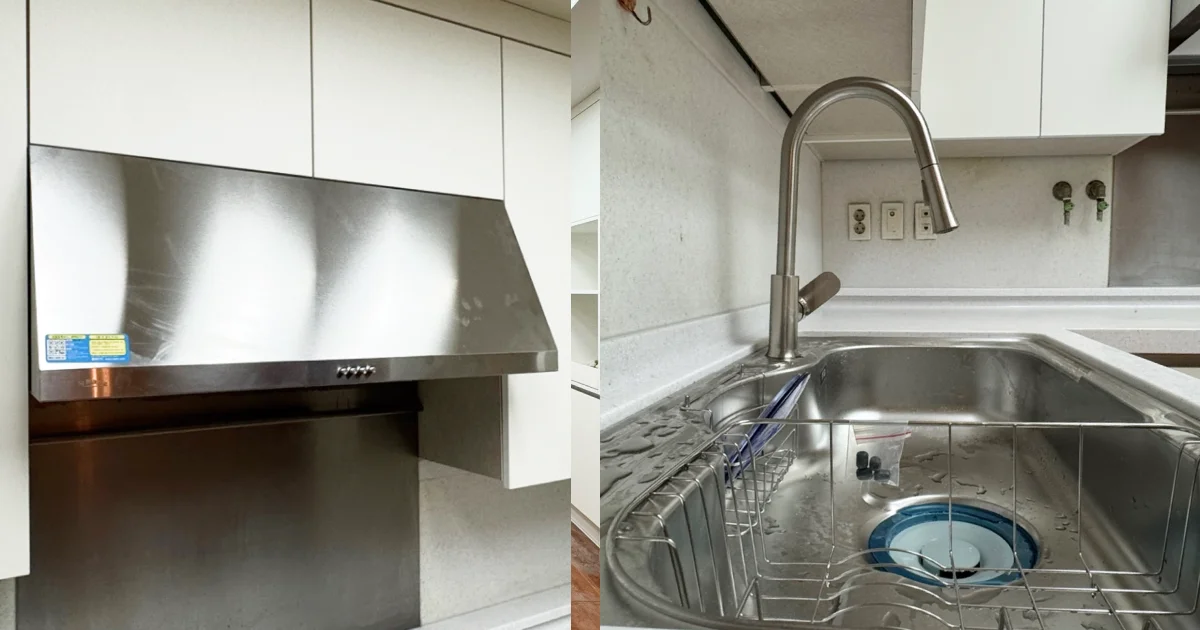 설치된 주방 후드와 싱크볼, 수전