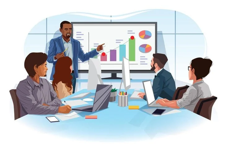 Business team meeting with leader presenting growth charts on screen