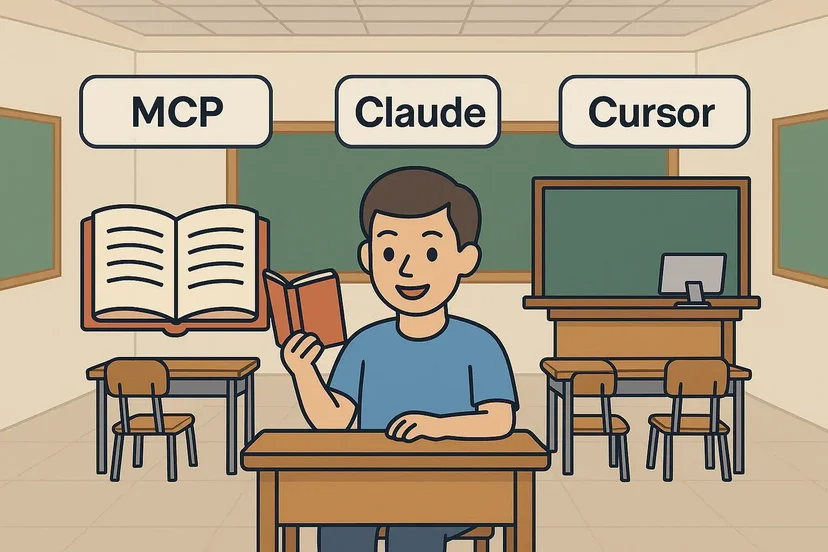 Illustration of MCP as textbook, Claude as student, Cursor as classroom