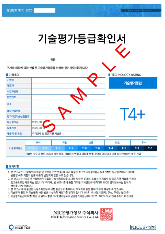 기술평가등급확인서 샘플입니다. 기업개요 정보에는 기업명과 대표자, 사업자번호, 법인번호, 주소, 표준산업분류코드, 평가대상기술산업분류, 등급평가일, 유효기간, 제출처 및 용도로 구분되어 있습니다. 해당 기업의 기술평가등급은 T4+입니다. 