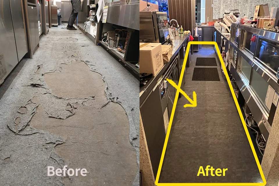 카페 음료 제조 구역의 린서·제빙기 전면에 접착식 매트로 상시 건조·평탄화 구현