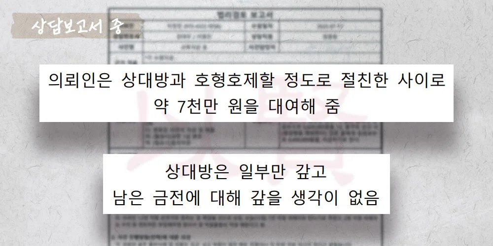 친한 지인한테 돈을 빌려줬지만 받지 못한 상담보고서