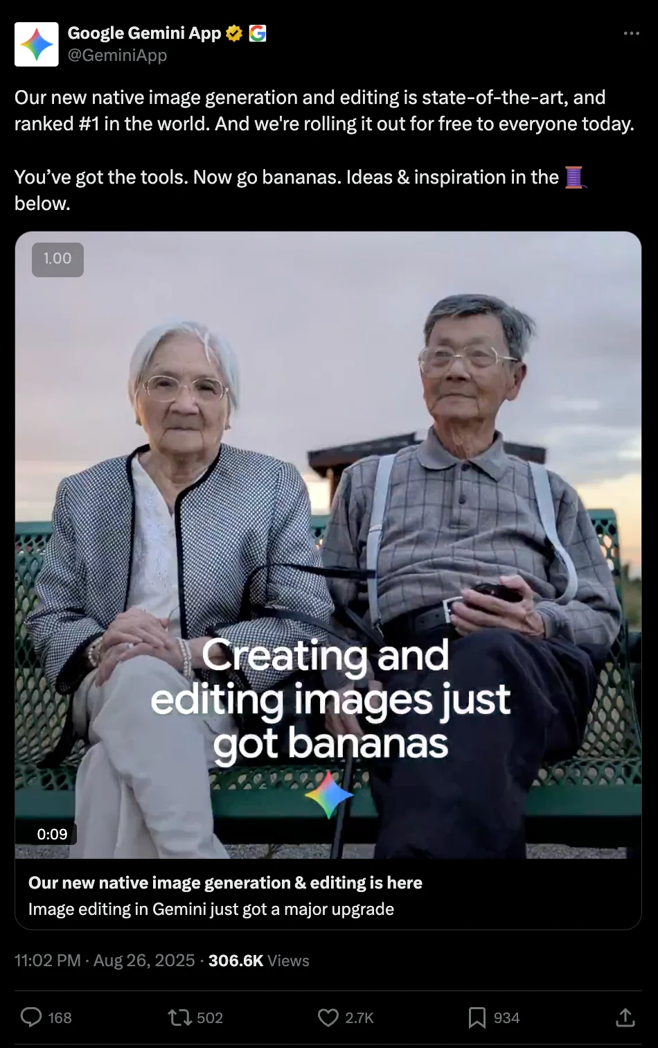 2025년 8월 26일 구글 제미나이 공식 X(트위터) 계정에서 세계 1위 이미지 생성/편집 기능 출시를 발표하며 'go bananas'를 언급한 게시물 캡쳐