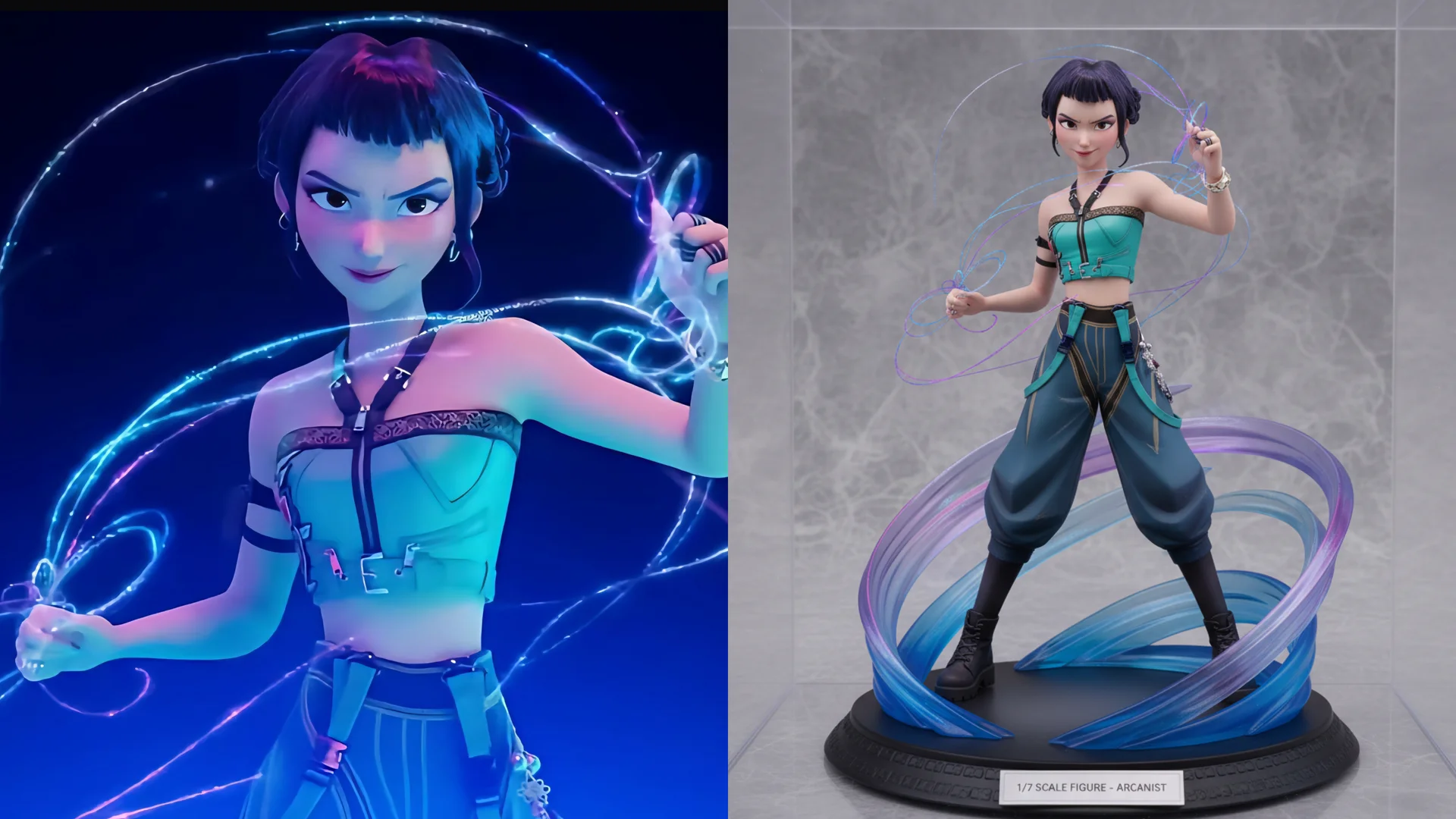 캐럿 AI의 나노바나나 모델로 '케이팝데몬헌터스'의 조이 캐릭터 2D 일러스트를 고품질 3D 피규어 형태로 생성한 추가 결과물 예시