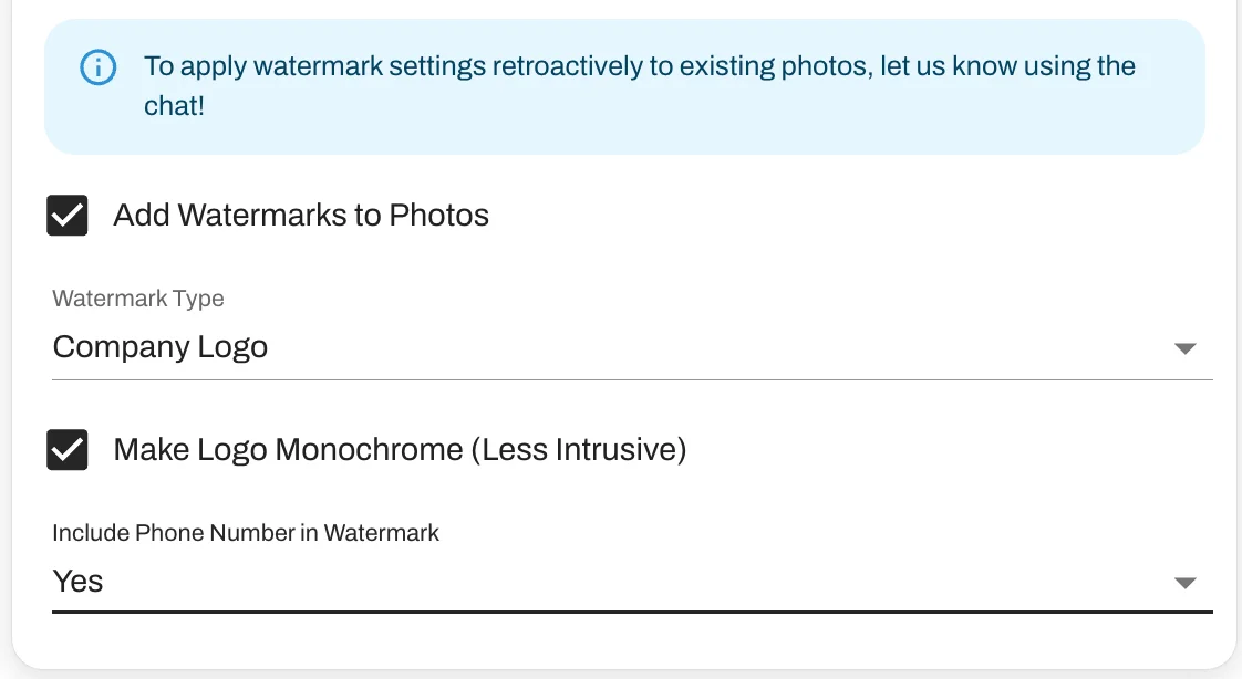 Set your logo and watermarking preferences.