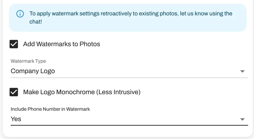 Set your logo and watermarking preferences.