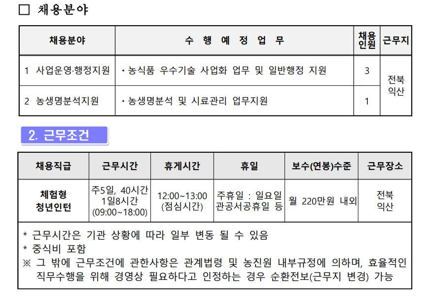 "한국농업기술진흥원 채용 분야 및 조건"