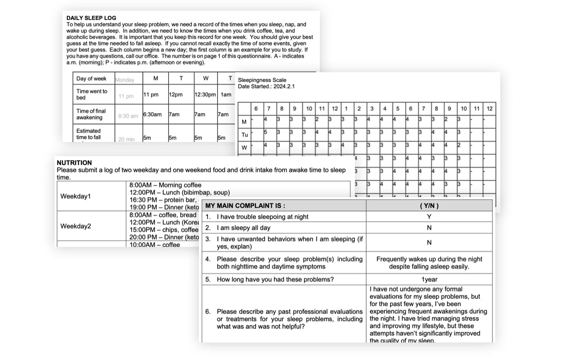 수면 개선 테스트 방법론 설명 - 수면 시간뿐만 아니라 식습관, 카페인 섭취, 생활 패턴 등을 종합 분석하여 객관적 데이터와 주관적 체감을 모두 평가하는 프로토콜 소개