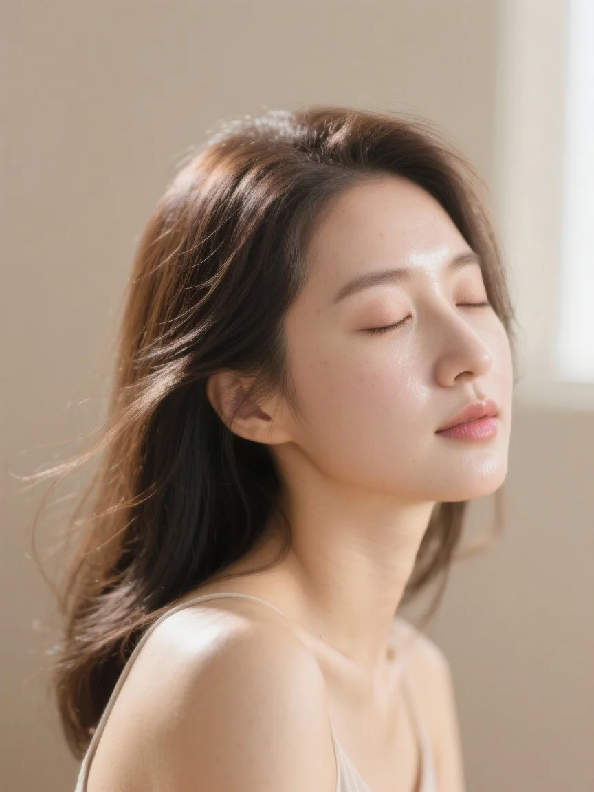 AI로 생성한 20대 한국인 여성의 헤어브랜드 화보 사진.