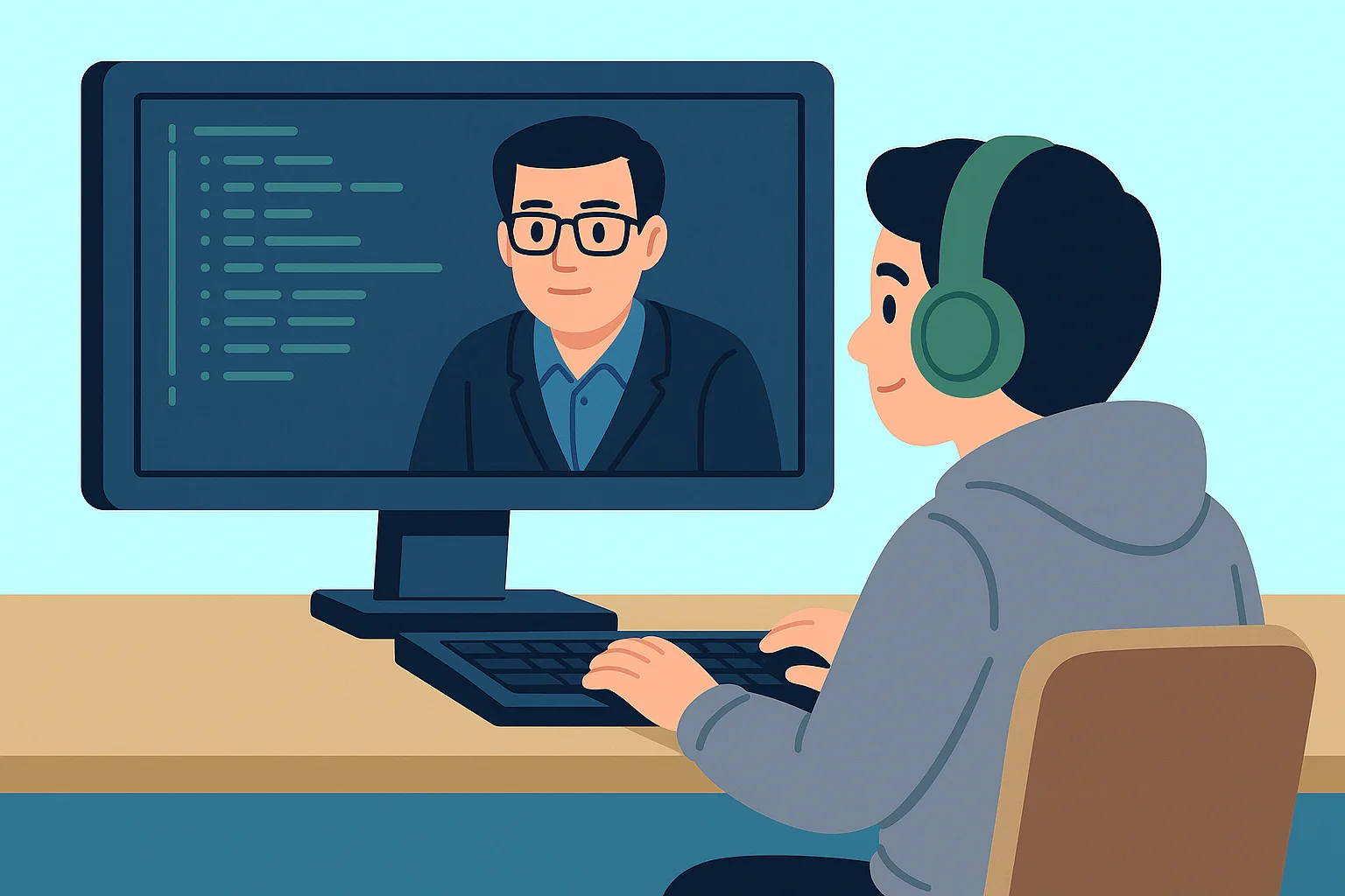 해킹 온라인 강의를 듣는 일러스트. 학생이 헤드셋을 끼고 책상에 앉아서, 모니터에 나오는 강사의 강의를 듣고 있는 모습.