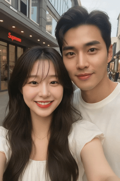캐럿 AI의 '영상으로 만들기' 기능을 통해, AI가 생성한 미래 배우자와 함께 자연스럽게 미소 짓는 셀카 영상