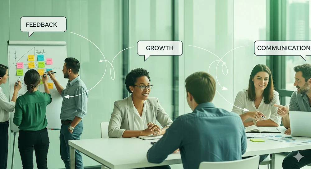 팀원들이 서로 소통하고 피드백을 주고받는 역동적인 장면