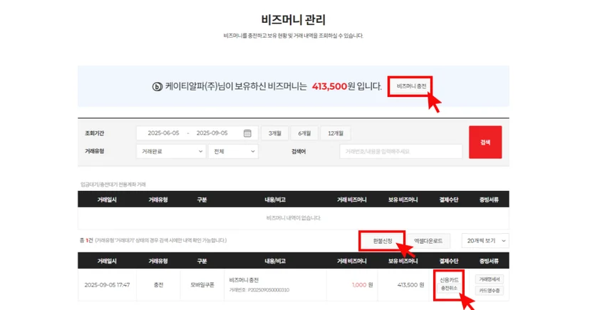 기프티쇼 비즈 비즈머니 충전 취소 및 환불